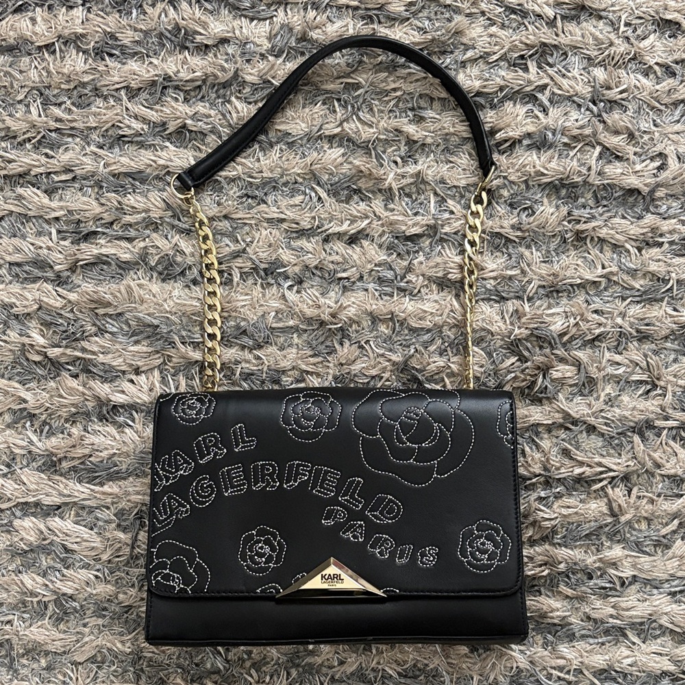 Karl Lagerfeld Luxury Black Floral Shoulder Bag With Gold Hardware